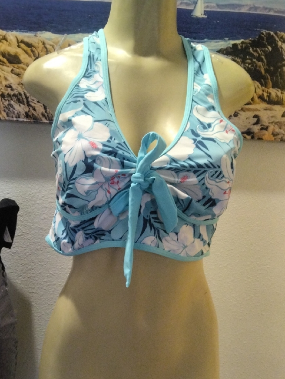 Aqua Floral Halter Tie-Front Bikini Top